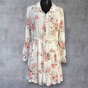 American Rag Cie long Sleeve Boho Dress Cream Pink Floral Button Front Womens XL